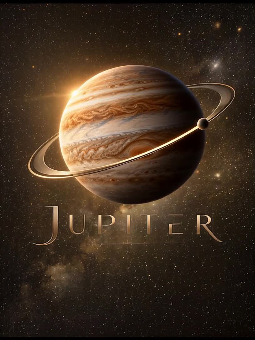 Jupiter’s golden planet emblem against a star-filled sky